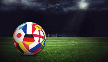 Futbol stadyumu, parlak ışıklar, saha manzarası. Futbol konsepti