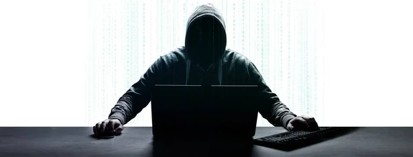 Hacker Prints Code Laptop Keyboard Break Cyberspace — Stock Photo, Image