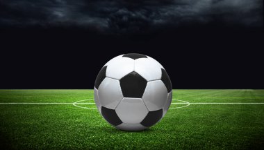 Futbol stadyumu, parlak ışıklar, saha manzarası. Futbol konsepti
