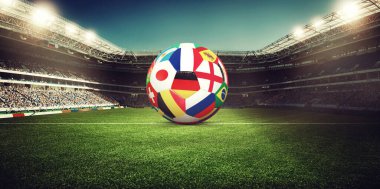 Futbol stadyumu, parlak ışıklar, saha manzarası. Futbol konsepti