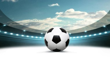 Futbol stadyumu, parlak ışıklar, saha manzarası. Futbol konsepti