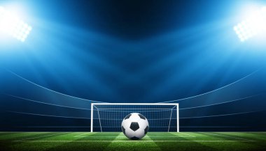 Futbol stadyumu, parlak ışıklar, saha manzarası. Futbol konsepti