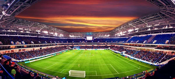 Estadio Fútbol Luces Brillantes Vista Desde Campo Concepto Fútbol —  Fotos de Stock