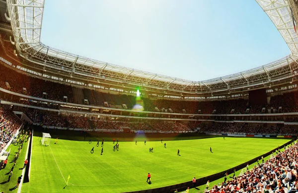 Futbol Stadyumu Parlak Işıklar Saha Manzarası Futbol Konsepti — Stok fotoğraf
