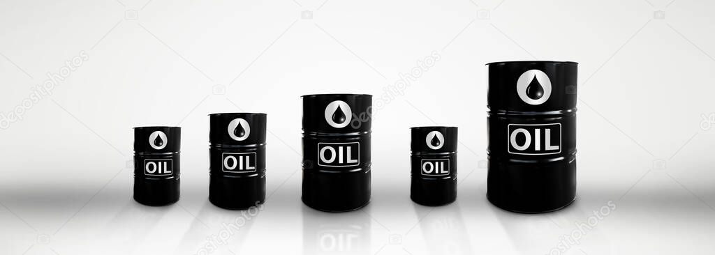 Metal oil barrels. Oil, gas and petroleum industry and manufacturing. 3D Illustration