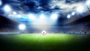 Futbol stadyumu, parlak ışıklar, saha manzarası. Futbol konsepti