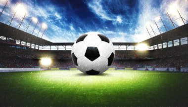 Futbol stadyumu, parlak ışıklar, saha manzarası. Futbol konsepti