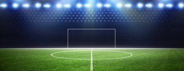 Futbol stadyumu, parlak ışıklar, saha manzarası. Futbol konsepti