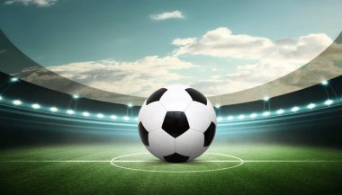 Futbol stadyumu, parlak ışıklar, saha manzarası. Futbol konsepti