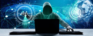 Hacker bir siber uzaya girmek için dizüstü bilgisayarına bir kod yazdırır