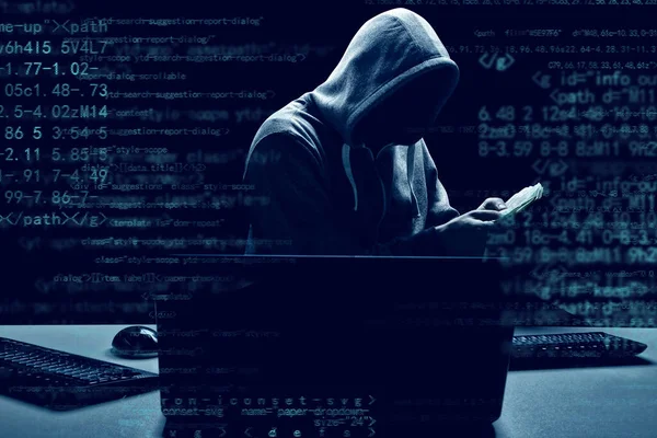 Hacker Prints Code Laptop Keyboard Break Cyberspace — Stock Photo, Image