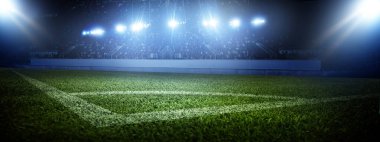 Futbol stadyumu, parlak ışıklar, saha manzarası. Futbol konsepti