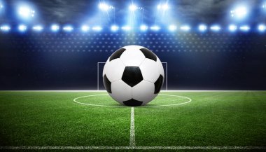 Futbol stadyumu, parlak ışıklar, saha manzarası. Futbol konsepti