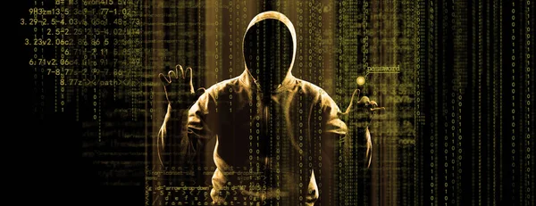 Hacker Prints Code Laptop Keyboard Break Cyberspace — Stock Photo, Image