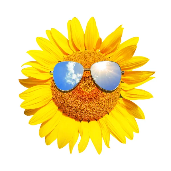 Μεμονωμένο Ηλιοτρόπιο Γυαλιά Ηλίου Και Χαρούμενο Πρόσωπο — Φωτογραφία Αρχείου