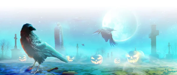 Halloween Tło Krukiem Upiorną Noc — Zdjęcie stockowe