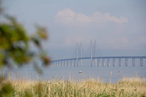 Die Öresundbrücke Sieht Nebligen Sommermorgen Der Küste Von Malmö Schweden — Stockfoto