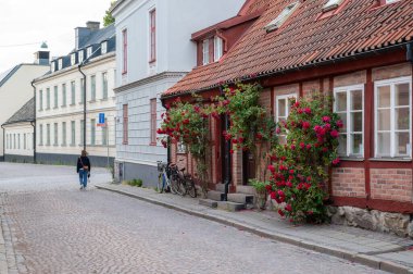 İsveç, Lund 'da boş bir sokakta yürüyen bir kadın üzüntü ve yalnızlık izlenimi veriyor.
