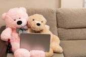 Konzept der Freundschaft Liebe Komplizenschaft Online-Shopping und Freizeit vertreten mit ein paar Teddybären im Internet surfen mit einem Laptop auf einem Sofa sitzen 