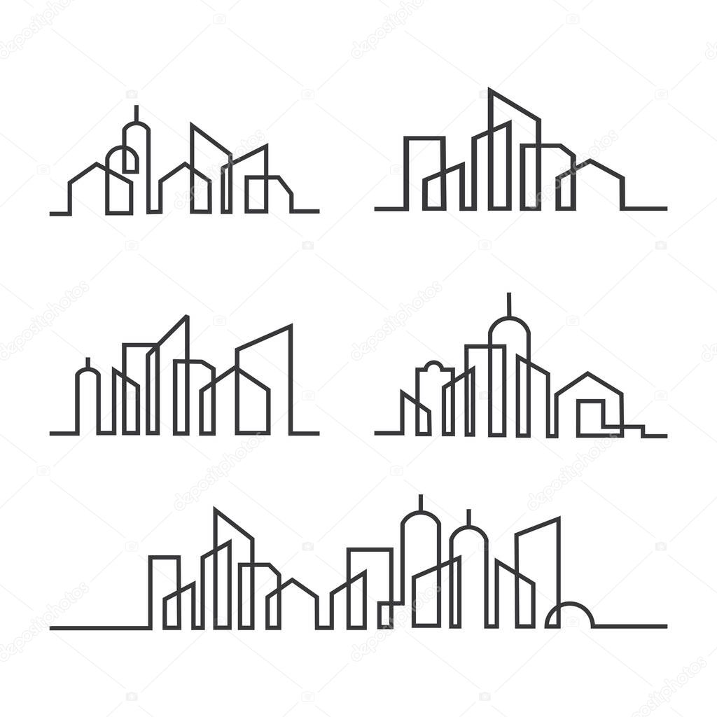 Set of City Skyline line art vector illustration