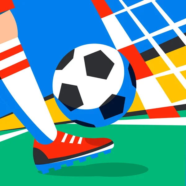 Fotbollspelare med fotboll boll mot bakgrund av stadion Fifa world cup. Välkommen till Ryssland. Fotbollsspelare i Ryssland 2018. straff. Dåre färg illustration i platt stil. — Stock vektor