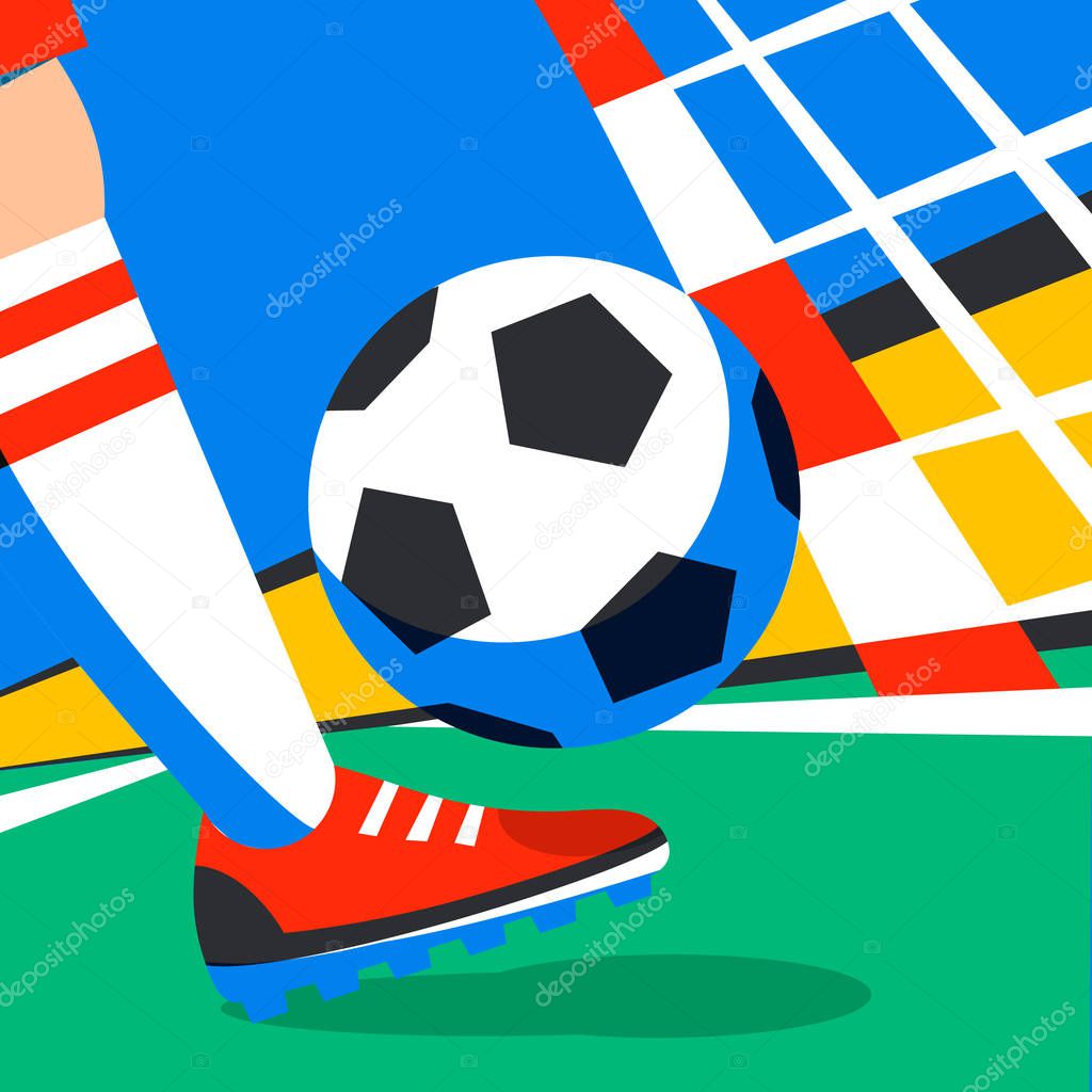 Soccer player with football ball against the background of the stadium FIFA world cup. Welcome to Russia. Football player in Russia 2018. penalty. Fool color illustration in flat style.