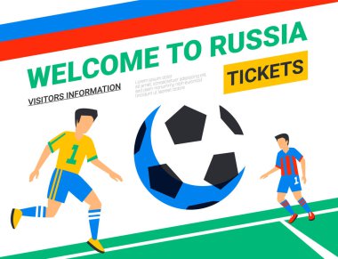 Futbol topu ile futbolcular. Rusya web afiş şablonu'na hoş geldiniz. Aptal renk düz stil çizimde. Rusya Futbol Kupası futbol oyuncuları. El ilanları, haeders şablonu.