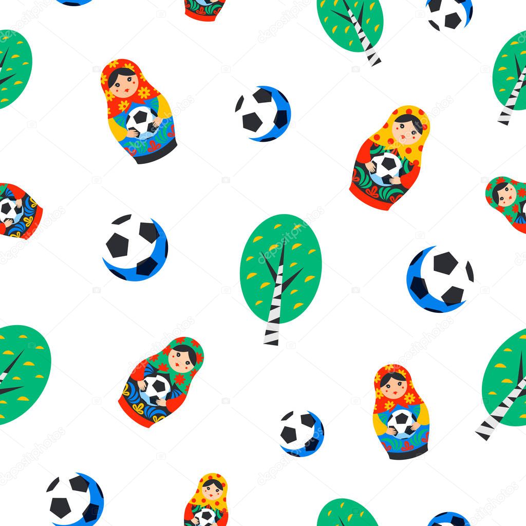 Seamles pattern with Russian Matrioshka, birch and football ball in flat style. Russia symbol with soccer ball. Traditional nesting doll Matreshka with football ball on white background.