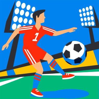 İleri saldırıyor. Futbol topu stadyumun arka planı ile futbolcu. Rusya futbol oyuncusu. Tam renkli düz stil çizimde. Futbol Kupası 2018.