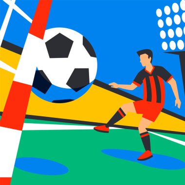 Golcü ileri. Futbol topu stadyumun arka planı ile futbolcu. Ceza. Rusya futbol oyuncusu. Tam renkli düz stil çizimde. Futbol Kupası 2018.