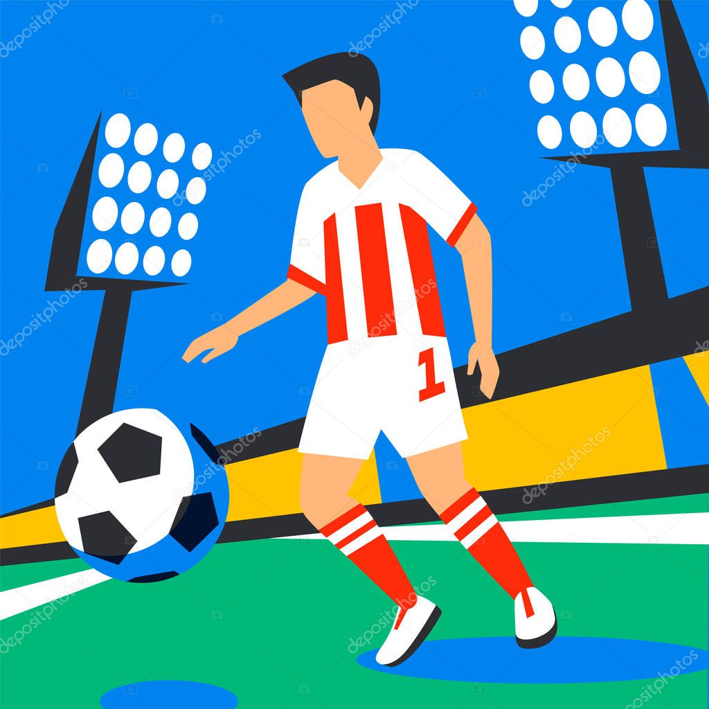 Midfielder player. Football player with football ball against the background of the stadium. Soccer player in Russia. Full color illustration in flat style. Football cup 2018.