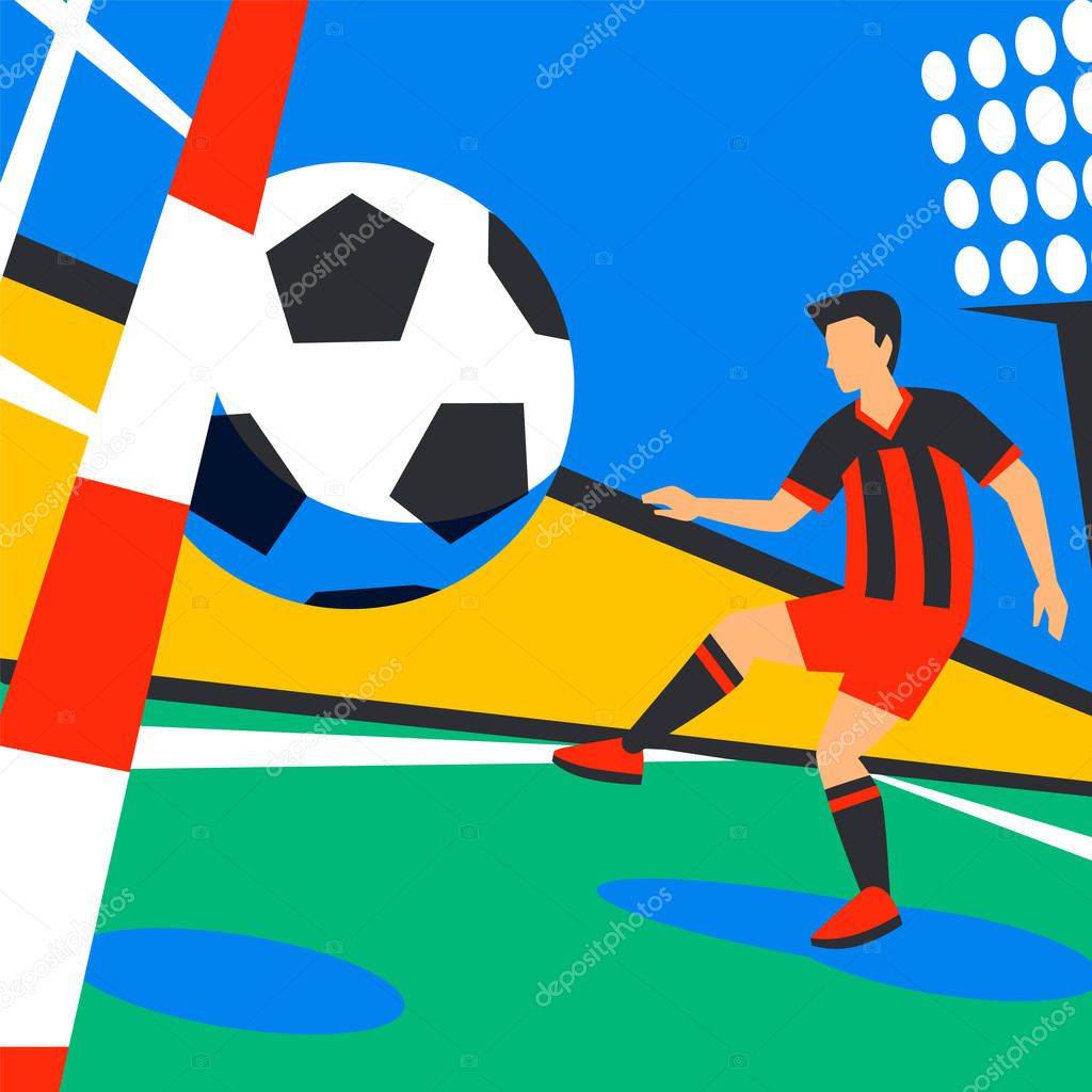 Scorer forward. Football player with football ball against the background of the stadium. Penalty. Soccer player in Russia. Full color illustration in flat style. Football cup 2018.