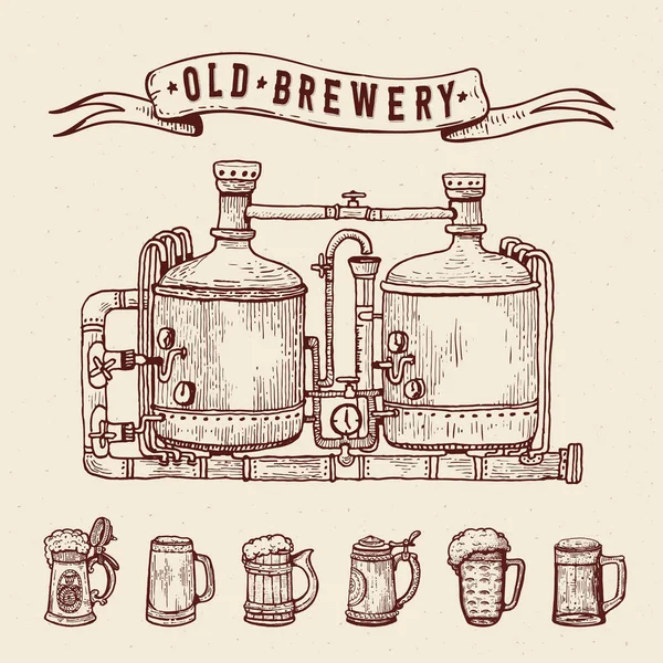 Vintage engraving style beer set. Retro brewery engraving. Copper tanks and barrels, beer mugs and ribbon. Craft beer Local brewery. Beer pint hand drawn ink sketch. — Stock Vector