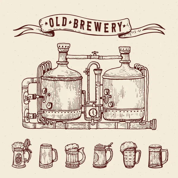 Vintage gravure stijlenset bier. Retro brouwerij gravure. Koperen tanks en vaten, bierpullen en lint. Ambachtelijke lokale Bierbrouwerij. Bier pint hand getekende ink schets. — Stockvector