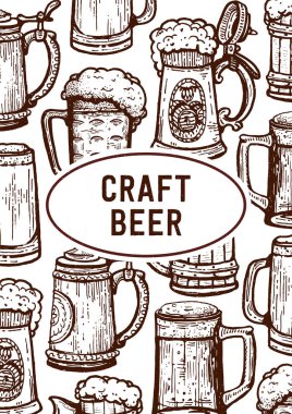 Vintage gravür tarzı zanaat bira menü şablonu. Retro bira oyma. Zanaat bira yerel bira. Bira bira bardağı el çizilen mürekkep kroki.