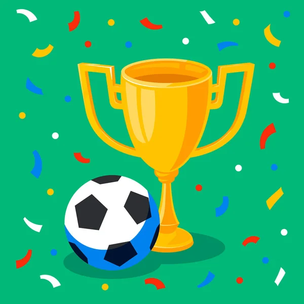 Winner gold cup, football ball and confetti on green background. First place prize. Sport winners goblet. Football or soccer championship. Tropy reward. Flat cartoon style — Stock Vector