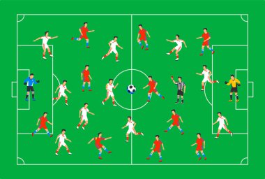 Futbol oyuncuları üzerinde yeşil bir alana. Farklı pozisyonlar bir stadyumda futbol oynayan futbolcular. Muhteşem bir spor. Renkli düz stil illüstrasyon.