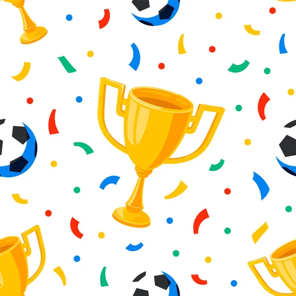 Copa de fútbol, bolas y confeti patrón sin costuras. Campeonato de deportes. Estilo plano dibujos animados a todo color de fondo . — Vector de stock