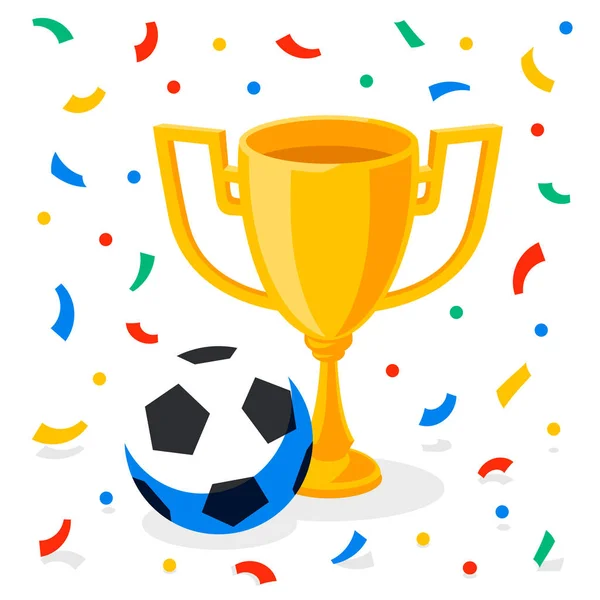 Winner gold cup, football ball and confetti on white background. First place prize. Sport winners goblet. Football or soccer championship. Tropy reward. Flat cartoon style — Stock Vector