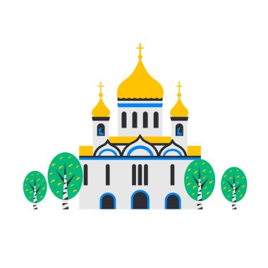 Christian Church. Ortodoks Kilisesi, tapınak İsa'nın kurtarıcı, Moskova, Rusya. Düz çizgi film tarzı Şapel ile çapraz, Şapel, kubbeleri ve ağaç. Katolik kutsal geleneksel sembolü.
