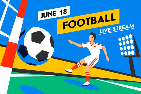 Banner web de fútbol. Juego de transmisión en vivo. Fútbol adelante. Jugador de fútbol con balón de fútbol. Pena. Jugador de fútbol en Rusia. Ilustración a todo color en estilo plano. Copa de fútbol . — Archivo Imágenes Vectoriales