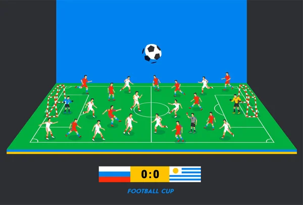 Campo de fútbol isométrico 3D con equipos de fútbol. Tema del deporte, campo de deportes de fútbol, estadio. Coloridos jugadores de fútbol en diferentes posiciones jugando al fútbol. Tabla de puntuación . — Vector de stock