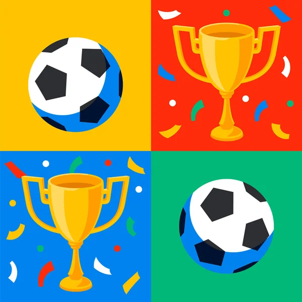 Ganador copa de oro, pelota de fútbol y confeti en estilo pop art. Primer premio. Ganadores del deporte copa. Campeonato de fútbol o fútbol. Recompensa Tropy. Estilo de dibujos animados plana — Vector de stock