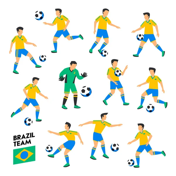 Équipe de football brésilienne. Des footballeurs brésiliens. Équipe complète de football, 11 joueurs. Joueurs de football sur différentes positions jouant au football. Illustration de style plat coloré. Coupe de football . — Image vectorielle