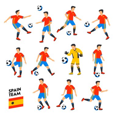 İspanya futbol takımı. İspanya futbol oyuncuları. Futbol takımı, 11 oyuncu tam. Farklı pozisyonlar futbol oynayan İspanyol futbol oyuncuları. Renkli düz stil illüstrasyon. Futbol Kupası.