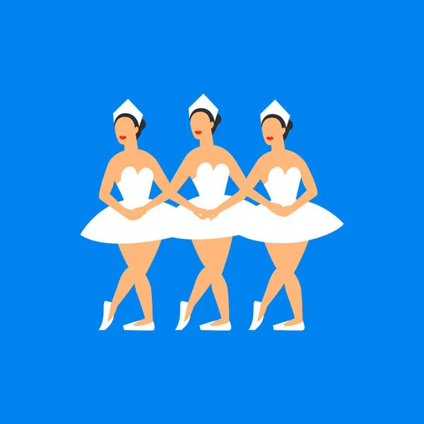 芭蕾舞演员。三 balerinas 跳舞天鹅湖在蓝色背景。柴可夫斯基天鹅湖的俄罗斯芭蕾舞团。平面样式 — 图库矢量图片