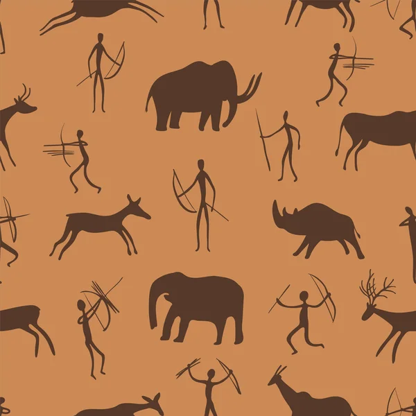 Padrão sem costura. Pinturas rupestres antigas mostram pessoas primitivas caçando em animais. A era paleolítica . — Vetor de Stock