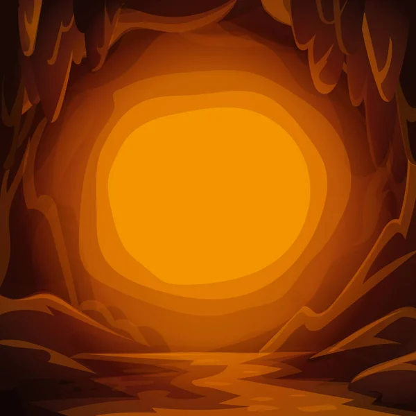 Fantastischer Höhlenhintergrund. Cartoon-Höhle mit Stalaktiten und Scheinwerfern kopiert Platz für Text. — Stockvektor