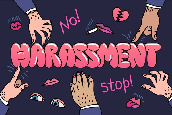 Pojem sexuální obtěžování. Ilustrace s slova sexuálního obtěžování a Pánská rukou a chlípné rty. Dámské práva, holka moc. — Stockový vektor