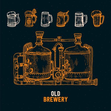 Bira fabrikası Fabrika arka plan. Lineart eskiz grafik. Vektör çizim